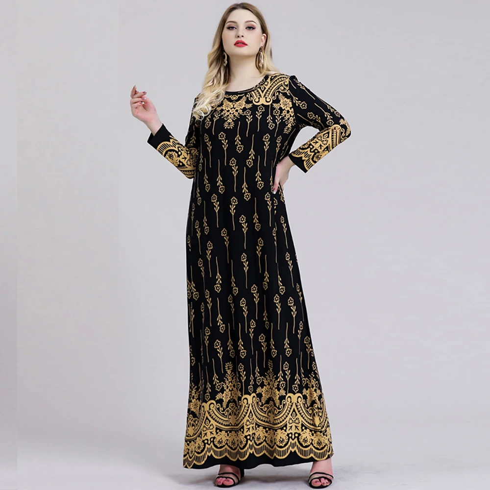 

5XL Plus Size Abaya Muslim Dress Women Autumn Winter Long Sleeve Retro Floral Print Maxi Long Dress Turkish Islamic Clothing