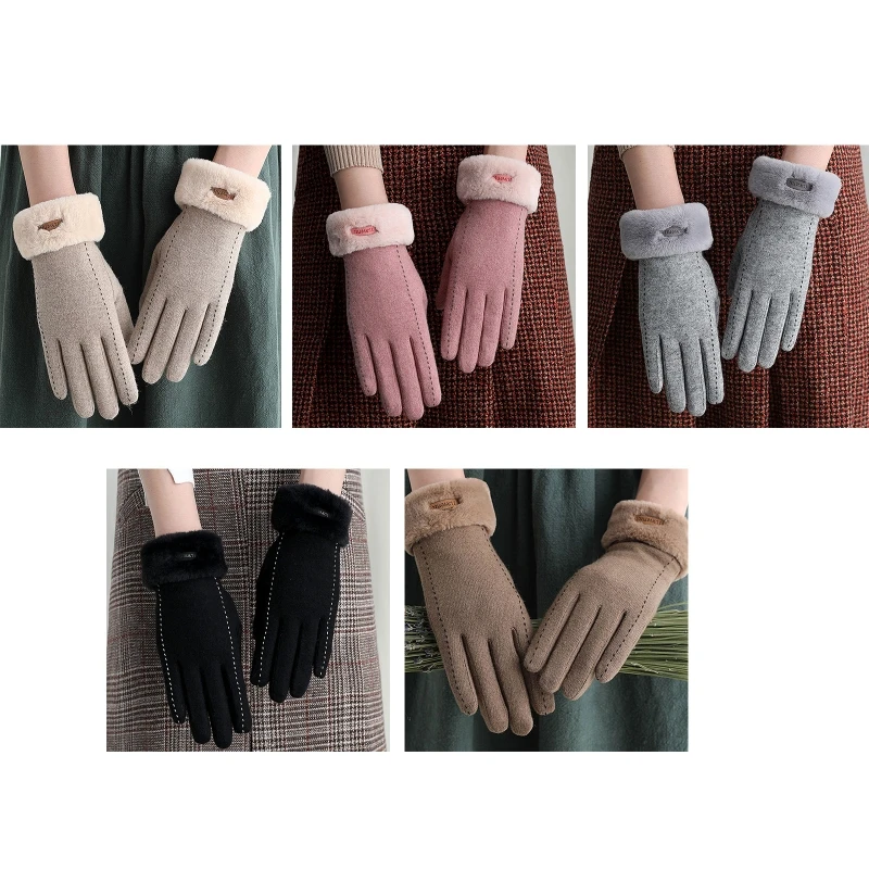 

Women Winter Driving Faux Wool Full Finger Gloves Plush Lined Letters Label Solid Color Windproof Touch Screen Mittens