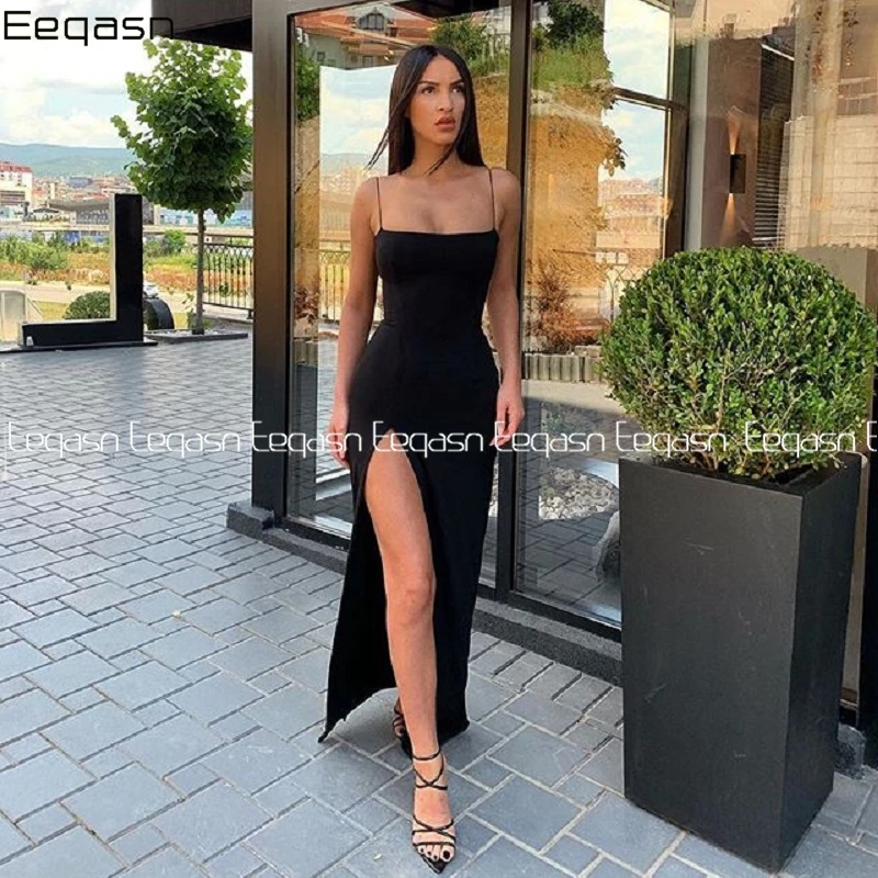 

Sexy Long Prom Dresses 2020 Black Spaghetti Straps Custom Backless Slit Party Dress Formal Dresses Vestidos De Gala