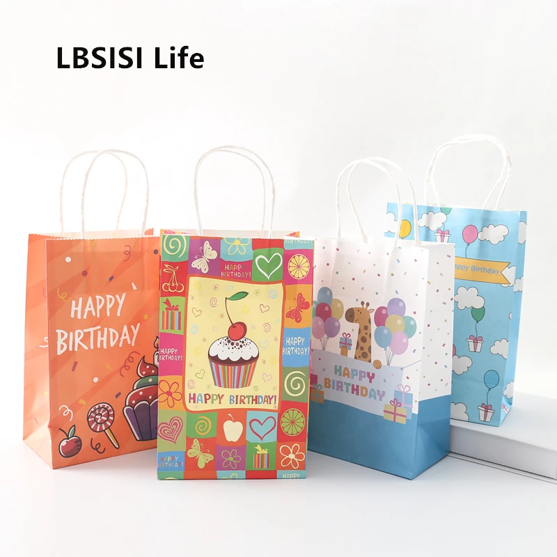 

LBSISI Life 5pcs Happy Birthday Paper Bags With Handle Gift Cookie Food Candy Paper Bag Packing Decoration Party Favor