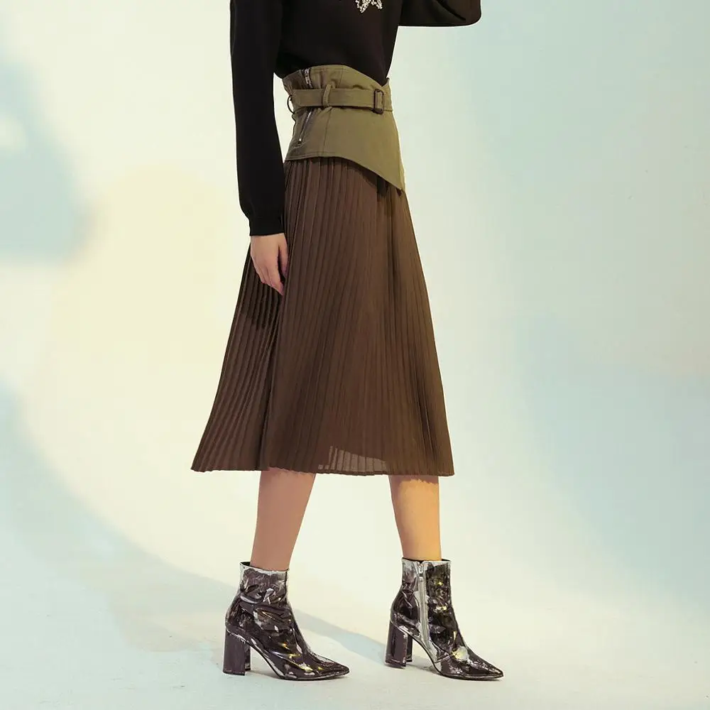 

Autumn and winter women's Draping girdle, color matching stitching, fold half skirt, thin a-line pleated skirt