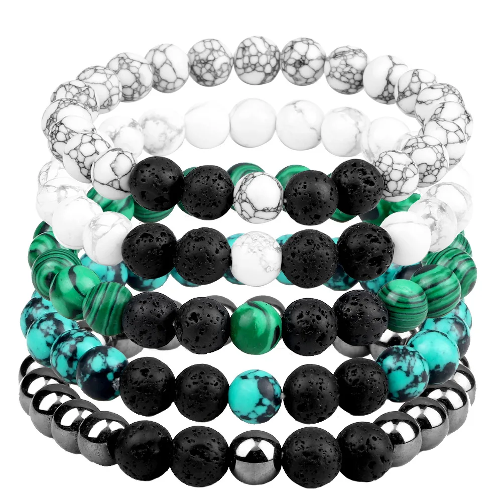 Пары Браслет из бисера 6/8 мм натуральный черный лавовый камень гематит