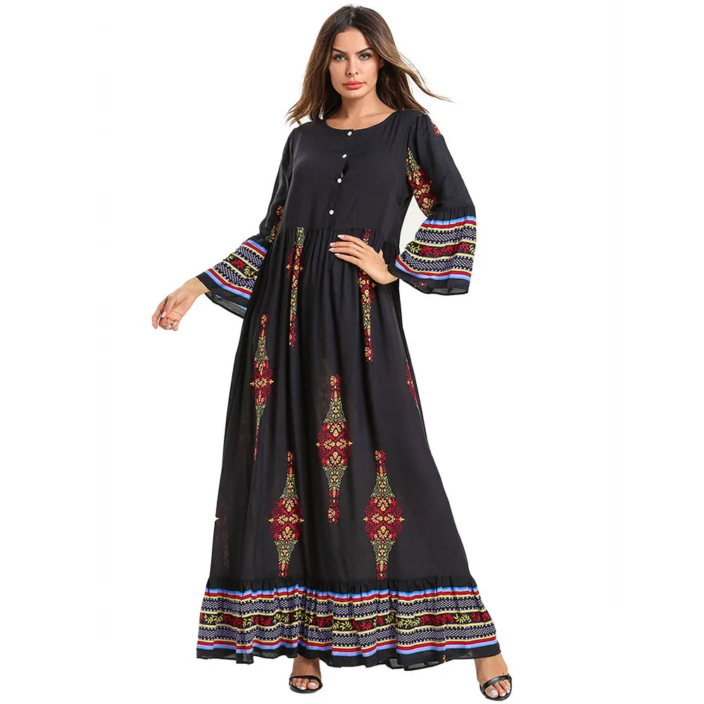 Женское длинное платье макси Abayas однотонное мусульманское с вышивкой черное на