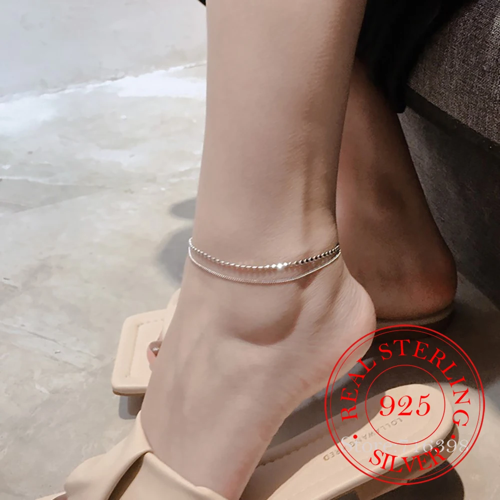 

Leg Bracelet 925 Sterling Silver New Trendy Double Layer Round Anklet Bracelet Female Simple Temperament Sexy Hot Chain Jewelry