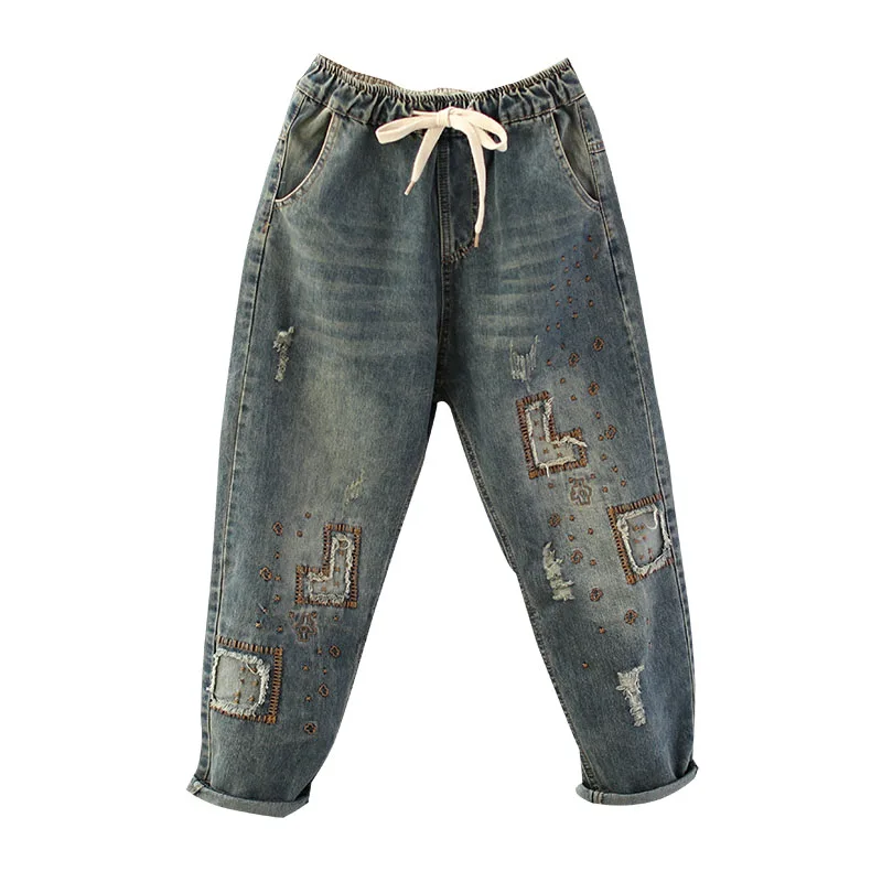 

Women Vintage Fish Embroidered Jeans Ripped Cotton Denim Harem Pants Casual Ladies Lace Up Elastic Waist Trousers Blue