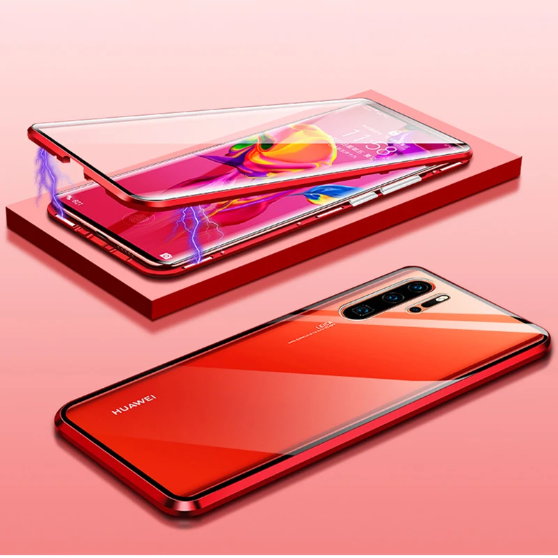 Роскошный защитный Магнитный чехол на весь корпус для huawei P30 P20 lite Pro 360, задняя крышка из закаленного стекла huawei mate 30 20 Pro Чехол - Цвет: Красный