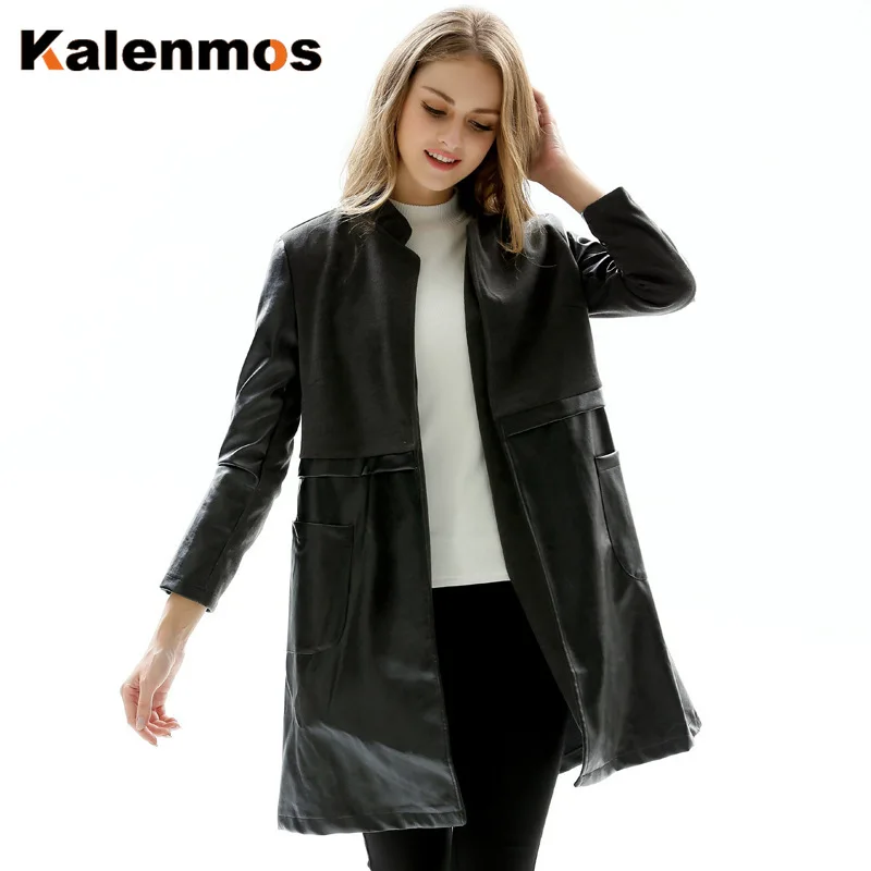 Осеннее пальто из искусственной кожи большого размера женское облегающее