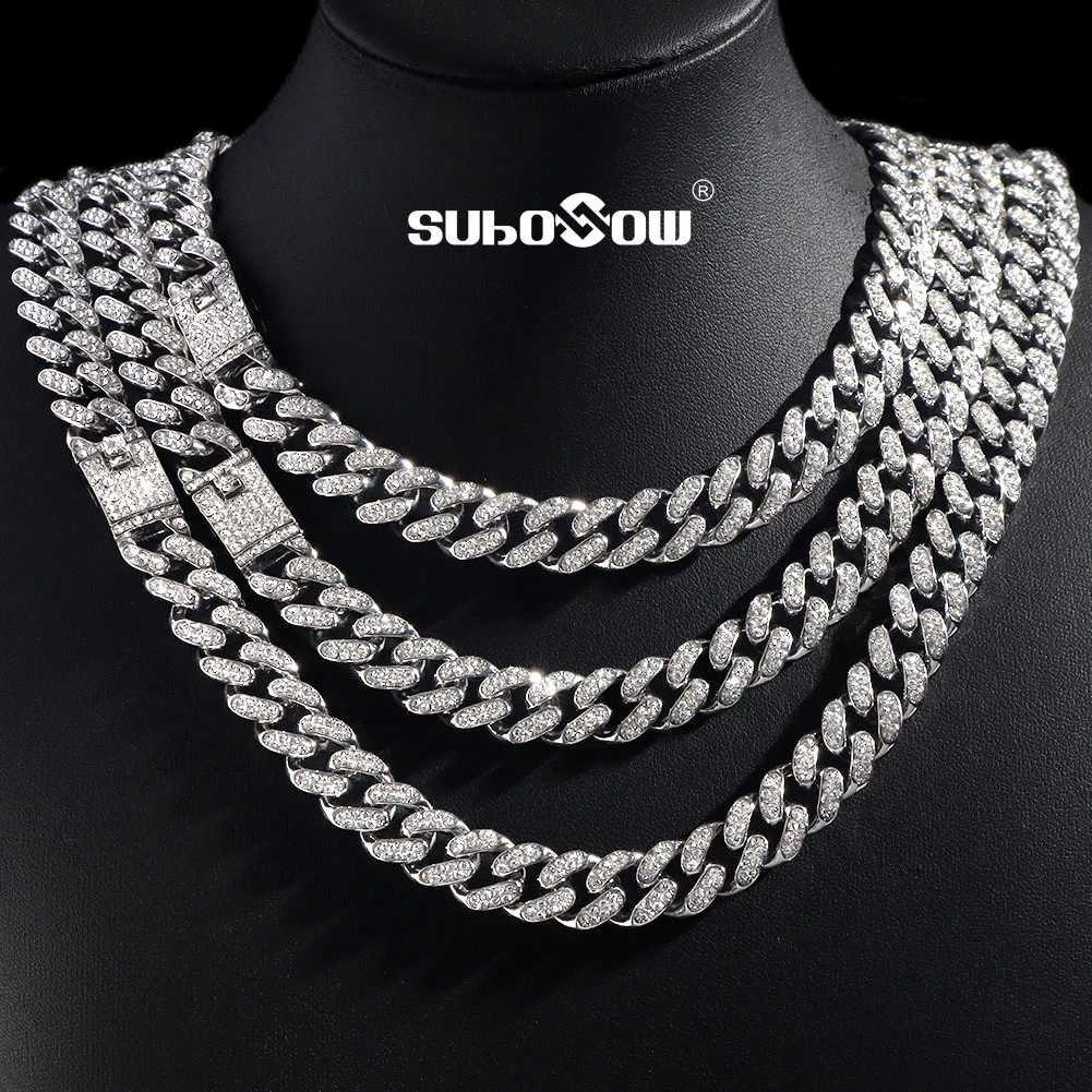 

INS Hip Hop Men Women Iced Out Cuban Link Chain Necklace High Quality Bling Rhinestone 13mm Cuban Choker Necklaces Wholesale