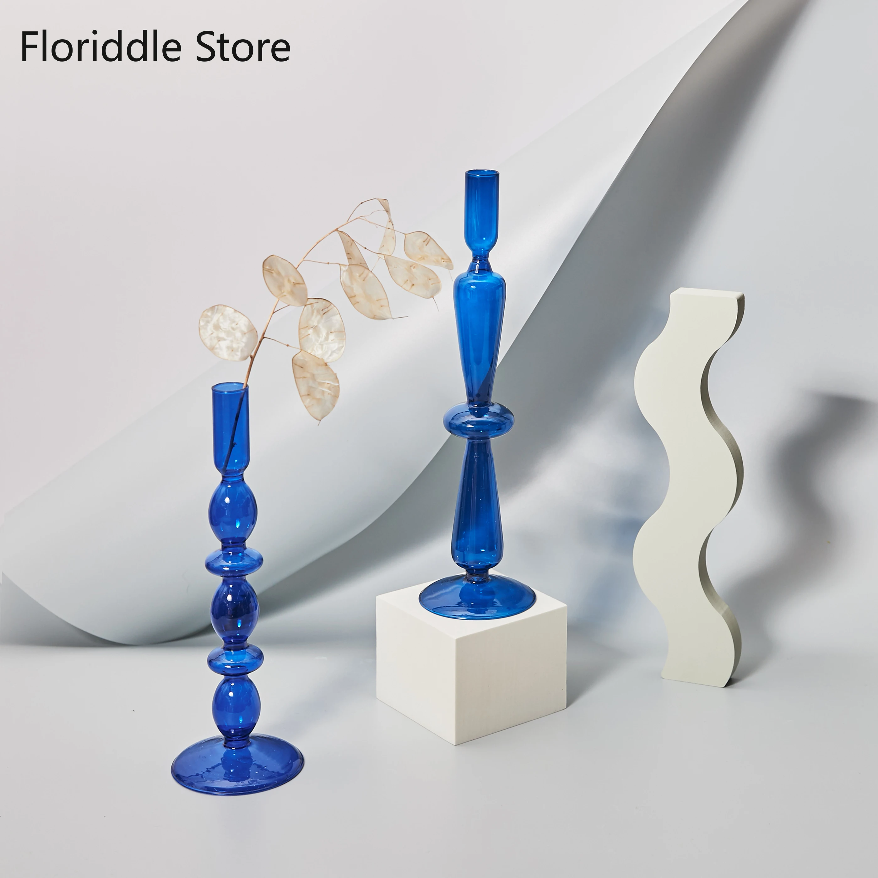 

Blue Glass Candle Holder Candlesticks for Wedding Birthday Holiday Home Decoration Morden Decorative Glass