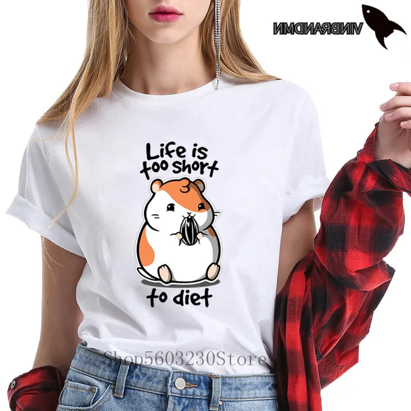 Модная женская футболка Kawaii Pet Хомяк с буквенным дизайном Life Is Too Short To Diet футболки
