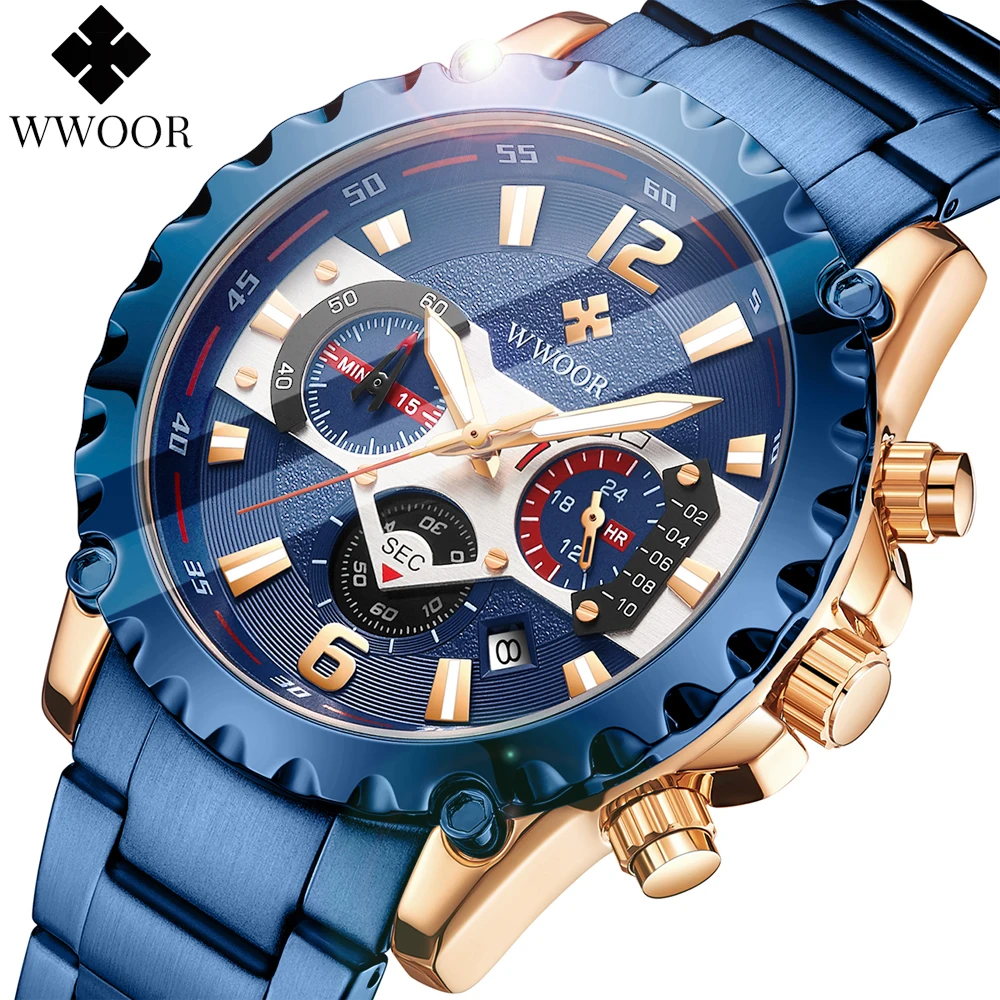 Relogio Masculino WWOOR Fashion Men Watches Top Brand Luxury Blue Quartz WristWatch Sport Chronograph Waterproof Watch Men Clock