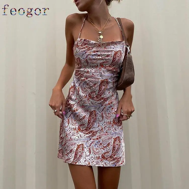 

FEOGOR ball gown 2021 summer casual print open back spring and summer temperament commuter dress Plus size women's clothing