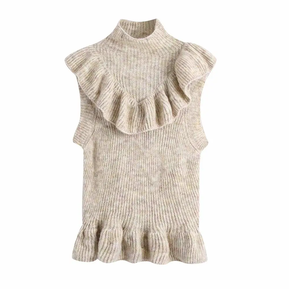 

Женский трикотажный жилет XNWMNZ 2020 с оборками, жилет с высокой горловиной и подходящими оборками отделкой, женские топы