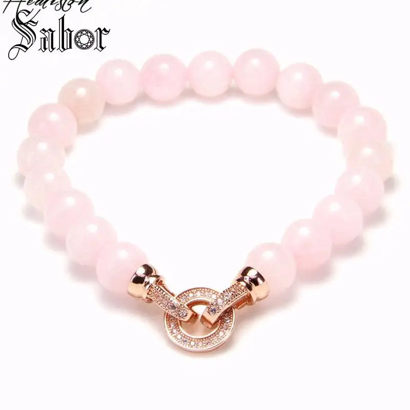 8 мм розовый браслет из кварцевых бусин с розовым золотом Круглый фианит