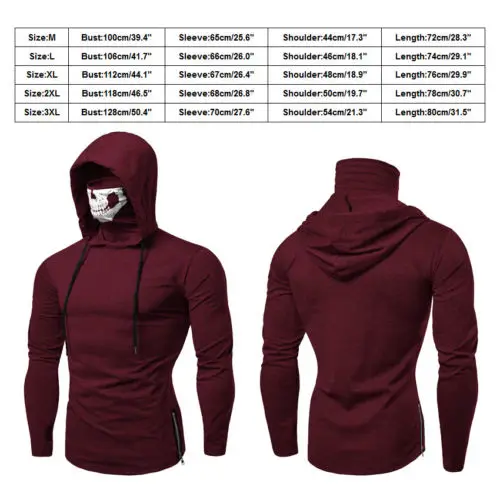 

Men Solid High Collar Hooded Sweatshirt Winter Mask Skull Pure Color Pullover Tops Long Sleeve Hoodies Sweatshirt Tops