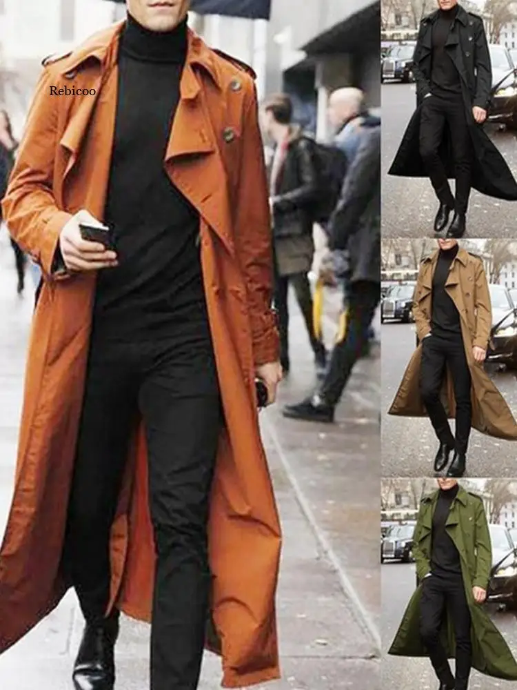 spring autumn new men's long windbreaker solid color fashion casual jacket lapel double-breasted male trench coat overcoat