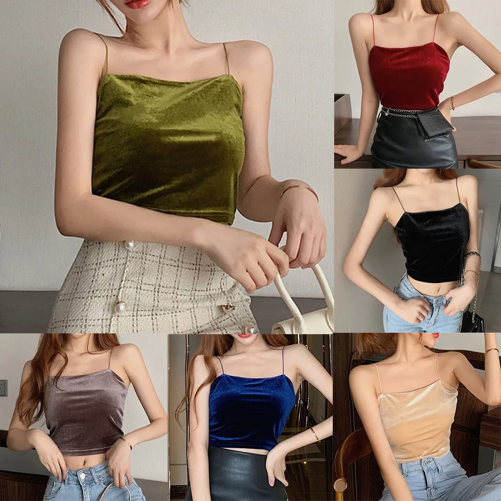 Модные сексуальные бархатные майки однотонные Топы на бретельках женские топы