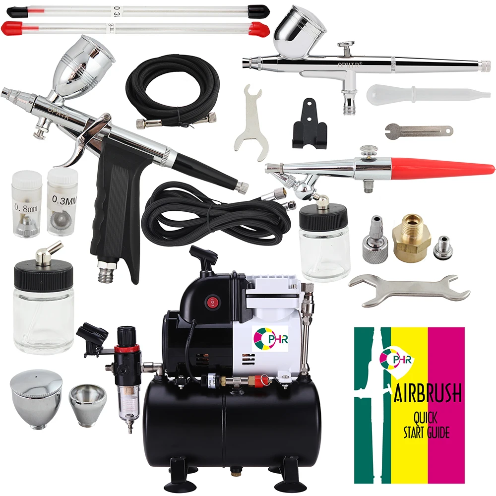 OPHIR 3 Airbrush Kit & Professional Spray Air Brush with Compressor & Tank for Tattoo Craft Hobby Model Paint AC116+004A+050+069