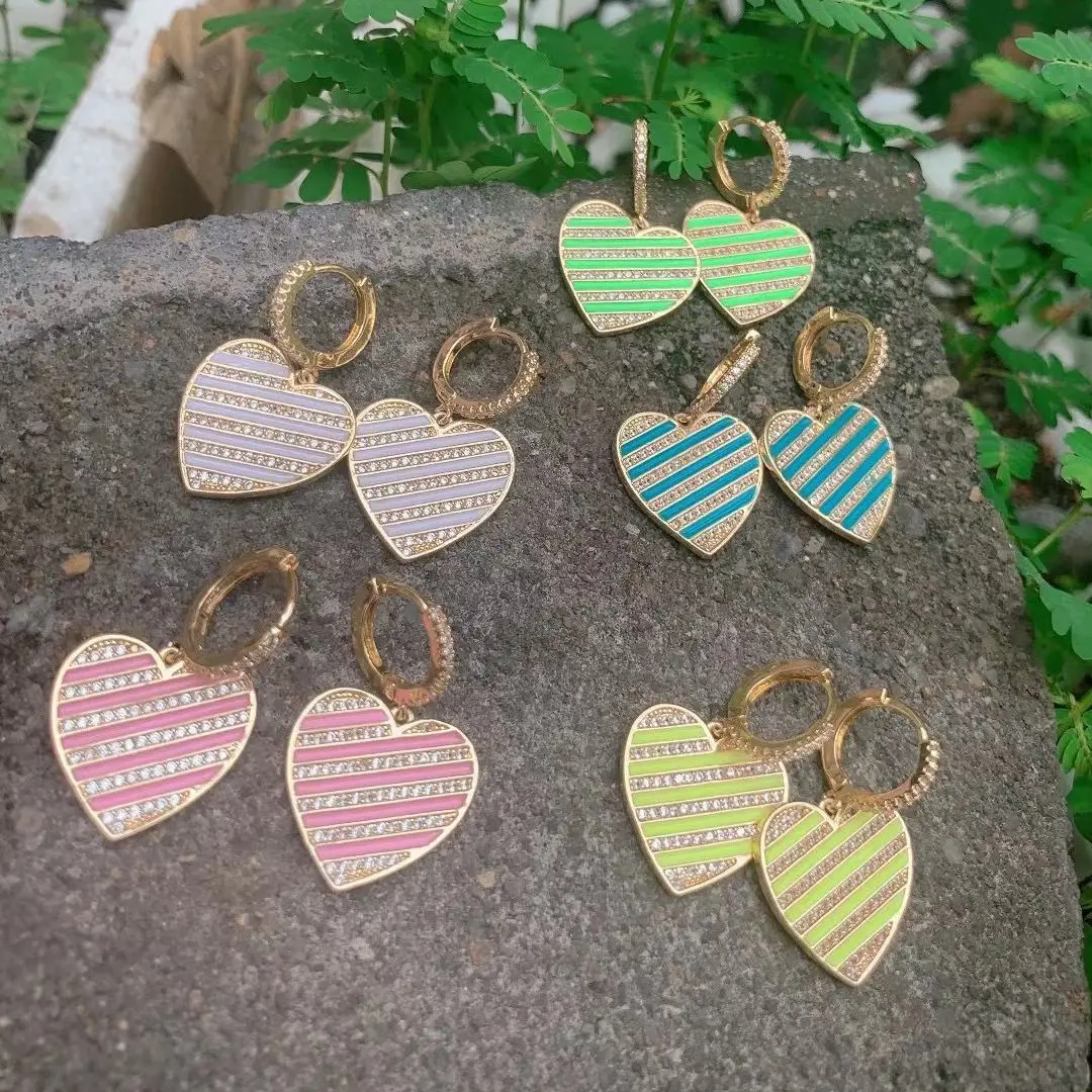 

3 Pairs, Luxury Earrings 2021 Heart CZ Pave Earrings For Women Girl Hanging Enamel Drop Earrings Brincos Bijoux Femme