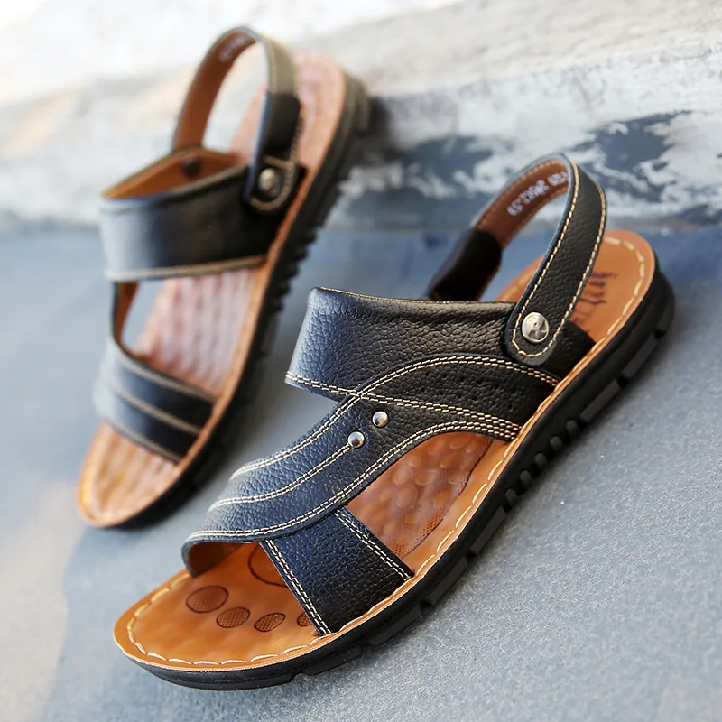 

Old Men Flat Genuine Leather Sandals Summer Classic Male Shoes Roman Walking Casual Slippers Beach Designer Outdoor Footwear