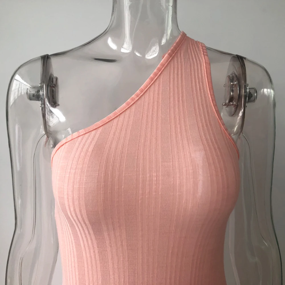

Vacation Snug Pink Hot Sale One Shoulder Split 2021 Summer Ribbed Dress Women Slim Fitness Sexy Maxi Clothes