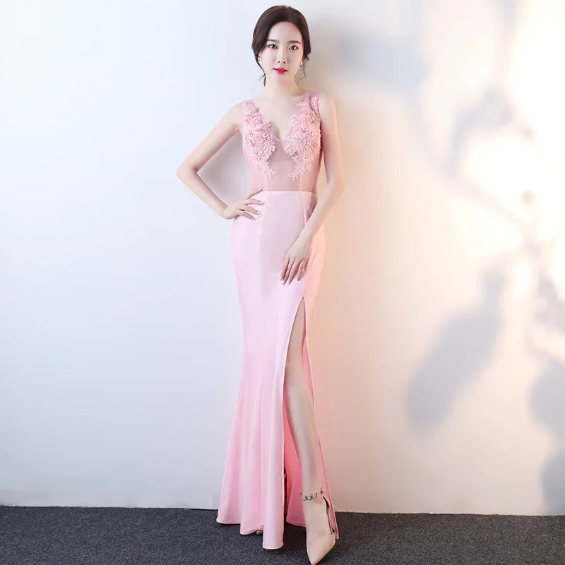 

Evening Dress Pink Elegant Floral Print Mermaid Zipper Back Sleeveless Floor-length Plus size Women Formal Party Dresses C1352
