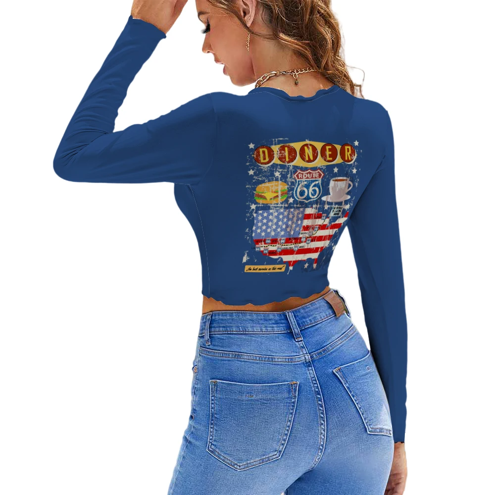 

U.S.Route 66 Printed Long Sleeve T-Shirt Sexy Slim Round Neck Long Sleeve Y2K Harajuku T-Shirt Top
