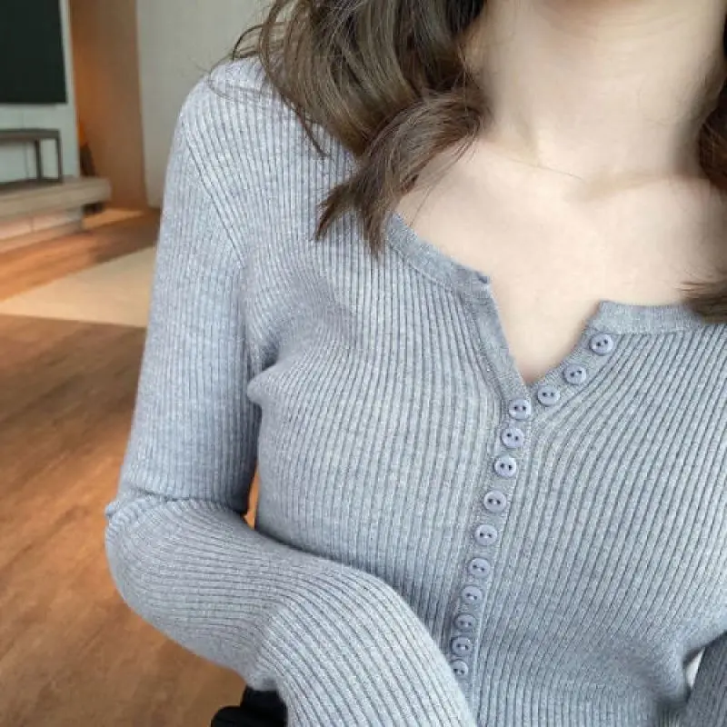 

Women Pullover Solid Spring Sweater Slim Knitted Fit All-match Female Button Korean Style Simple Elegant Ins Chic Soft Elastic