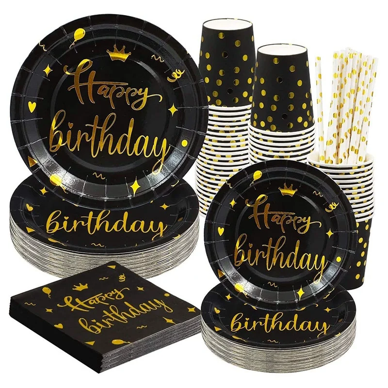 

New Birthday Plates and Napkins, Disposable Party Supplies, Paper Cups and Straws, Suitable for Birthday Tableware