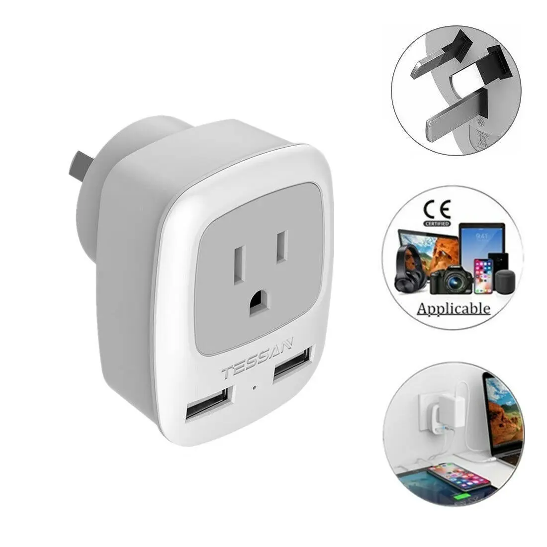 

TESSAN USA to Australia China New Zealand Travel Power Adapter Plug With 2 USB Ports and 1 AC Outlet Standard Grounding -Type I