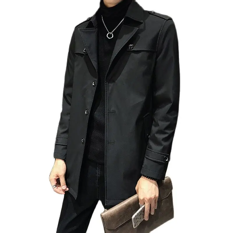 Осеннее черное мужское длинное пальто ветровка модная деловая Повседневная