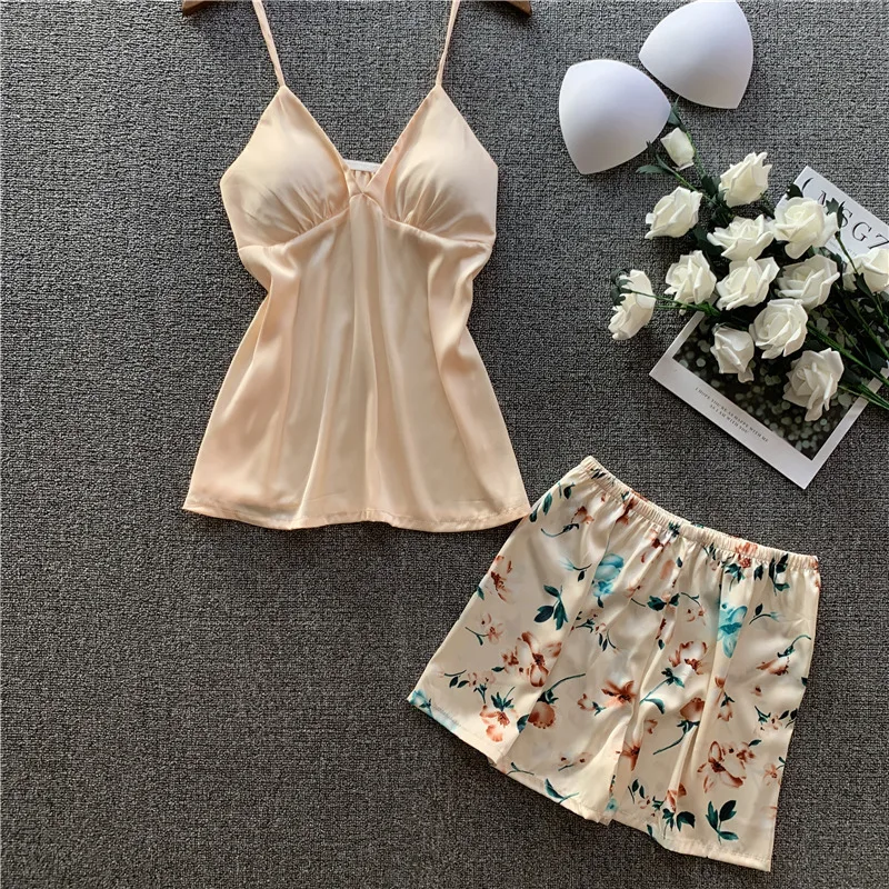 Новый весенний пижамный комплект с принтом из ледяного шелка женская пижама