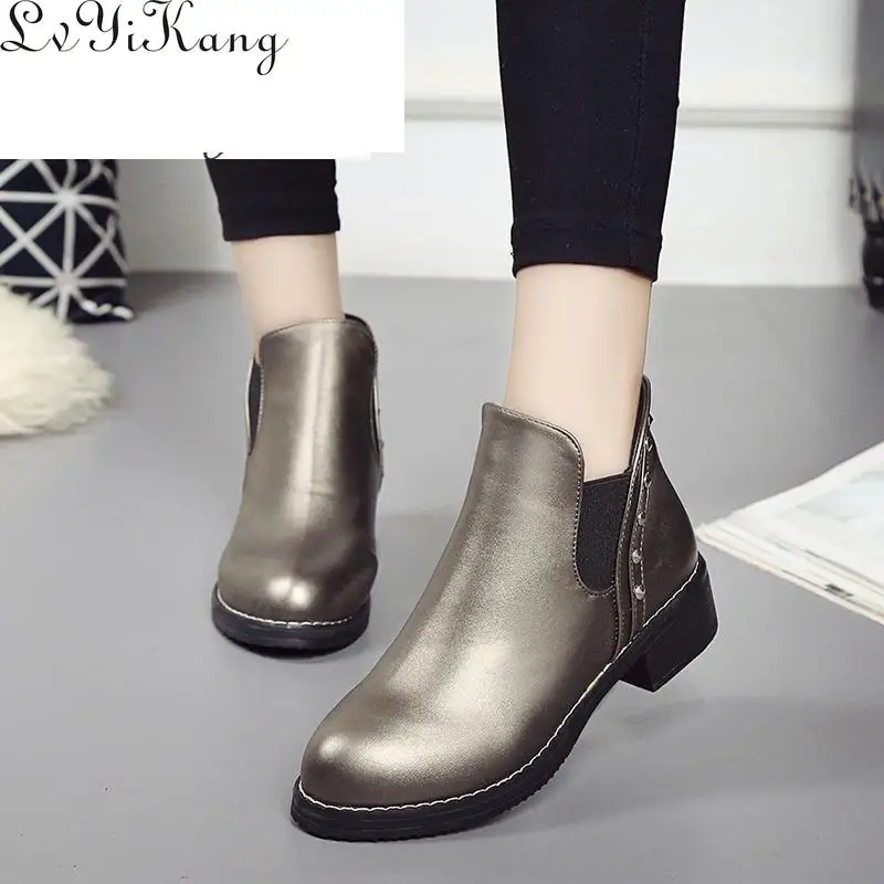 

Женские ботильоны без шнуровки, однотонные ботинки из искусственной кожи на плоской подошве, Размеры 35-40, для осени и зимы, 2019