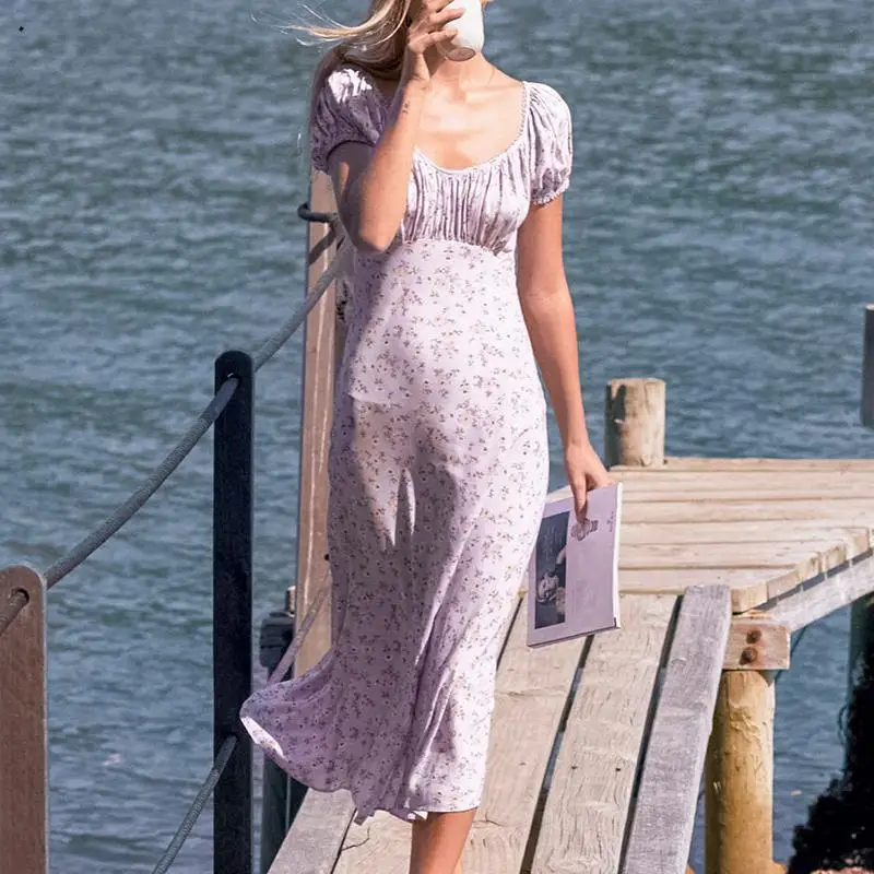 Милое Фиолетовое Женское платье миди с цветочным принтом тонкое в стиле бохо