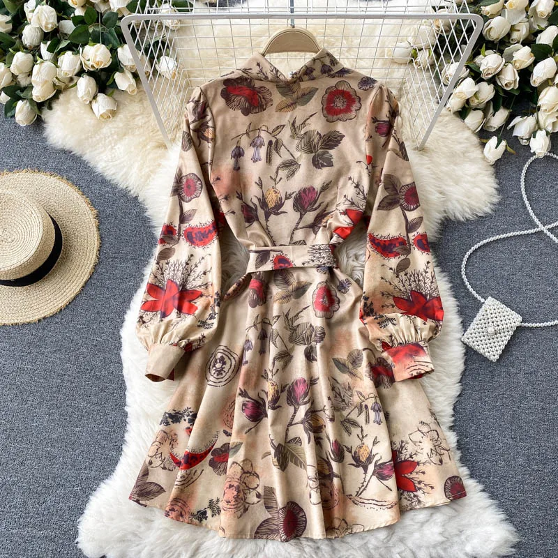 

Retro Fashion Runway Women's Long Sleeve Sashes Print Vintage Shirt Dress Spring Autumn Female Clothing Short Casual Vestidos