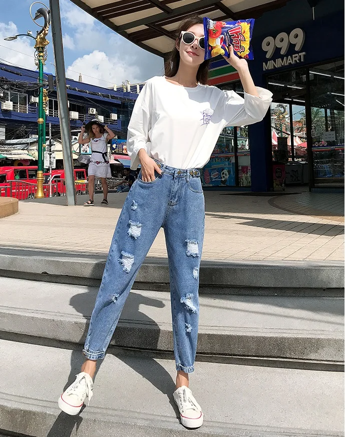 Light Blue Летние Рваные Джинсы бойфренда, женские модные свободные винтажные джинсы с высокой талией, джинсы больших размеров, Pantalones Mujer Vaqueros torre pants - Цвет: Light Blue