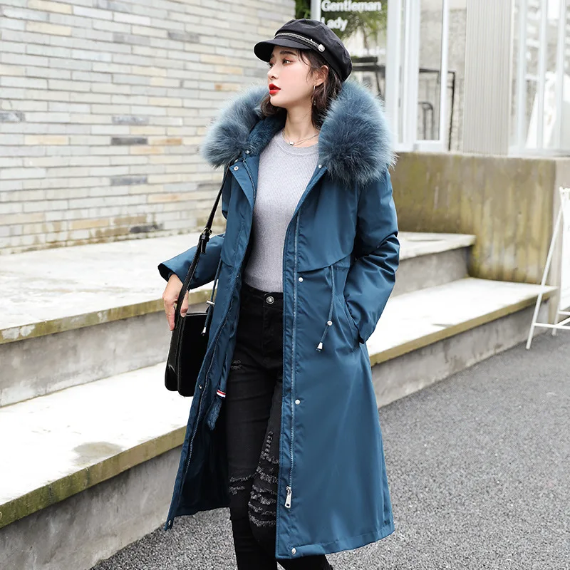 

Женская длинная парка с капюшоном, зимняя куртка с меховым воротником, повседневная приталенная парка с регулируемой талией, три способа но...