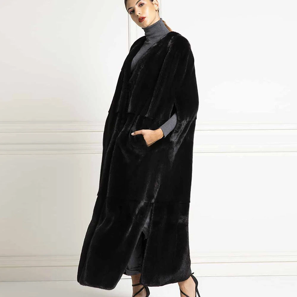 TOPFUR Winter X-Long Real Fur Coat Women Real Fur Customized Natural Real Mink Fur Coat Women Half Sleeves Full Pelt V-Neck