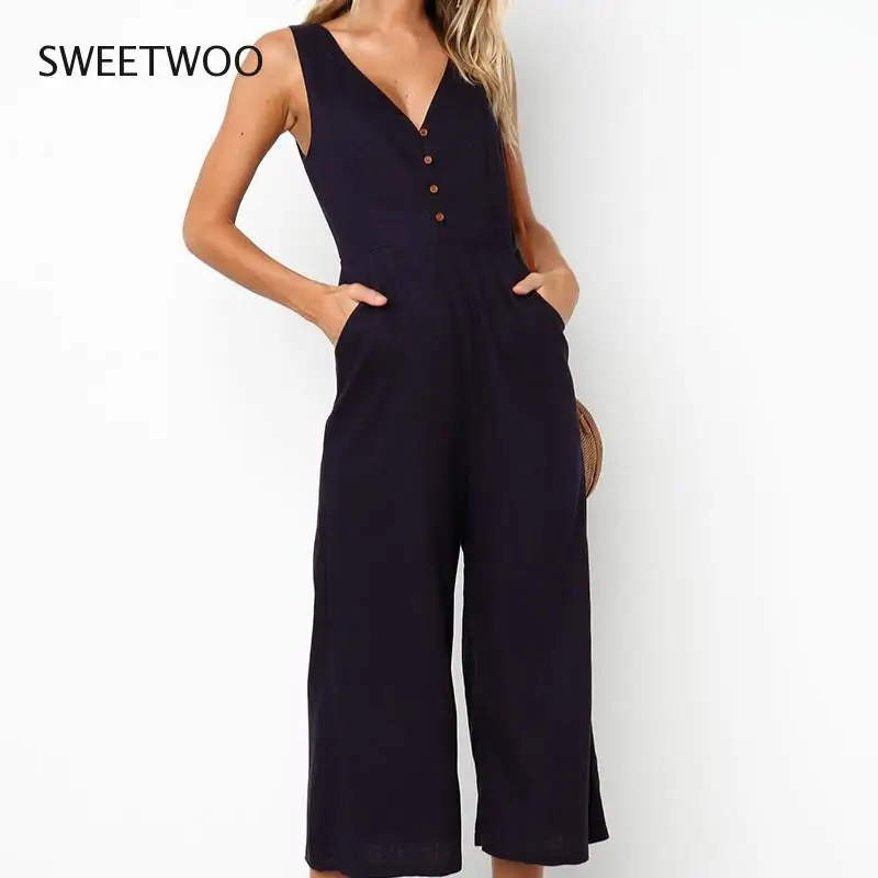 

2021 Summer Women's Casual Solid Color Elegant Jumpsuit Wide Leg Button Jumpsuit Women Short Sleeve Sexy V-Neck Tights Jumpsuit