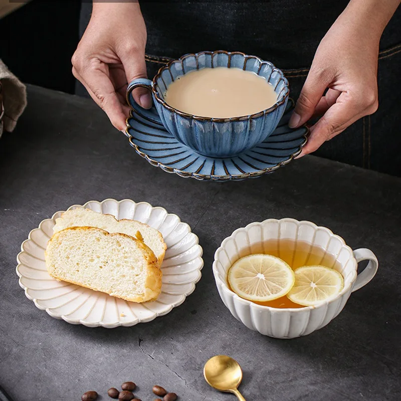 

Japanese Home Kiln Turned Retro Teacup Milk Mug Ceramic Coffee Cup Saucer Set Chrysanthemum Plate Saucer Cafe Hand Made Coffee