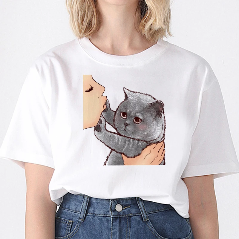 

Harajuku Kiss Cats T Shirt Women Aesthetic shirt Ullzang Vintage 90s tshirt New Fashion Tops Tees Female Tumblr Clothing