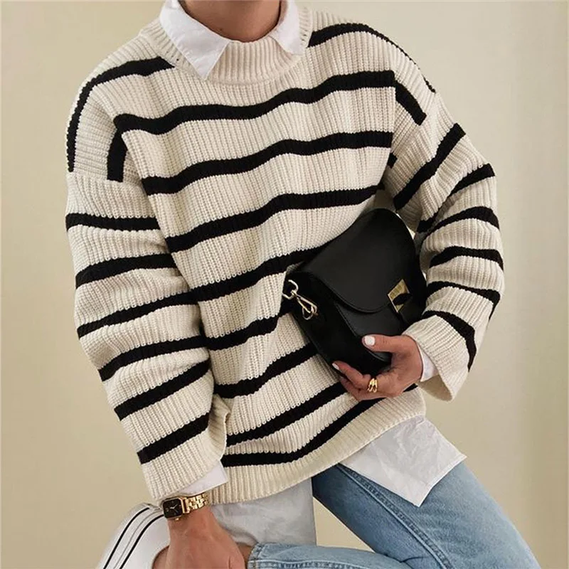 

Knitted Striped Loose Pullover Women Sweater Autumn Thick Long Sleeve Knitted Jumper Female 2021 Causal Lady Streetwear Sweaters