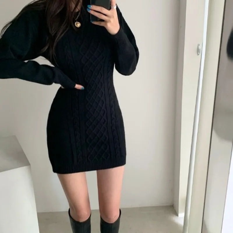 

Fashionable Hollow Waist Sweater Dress Women's Fall/Winter High Elastic Twist Knit Dress Casual Mini Dress 3 Color 2021 Women