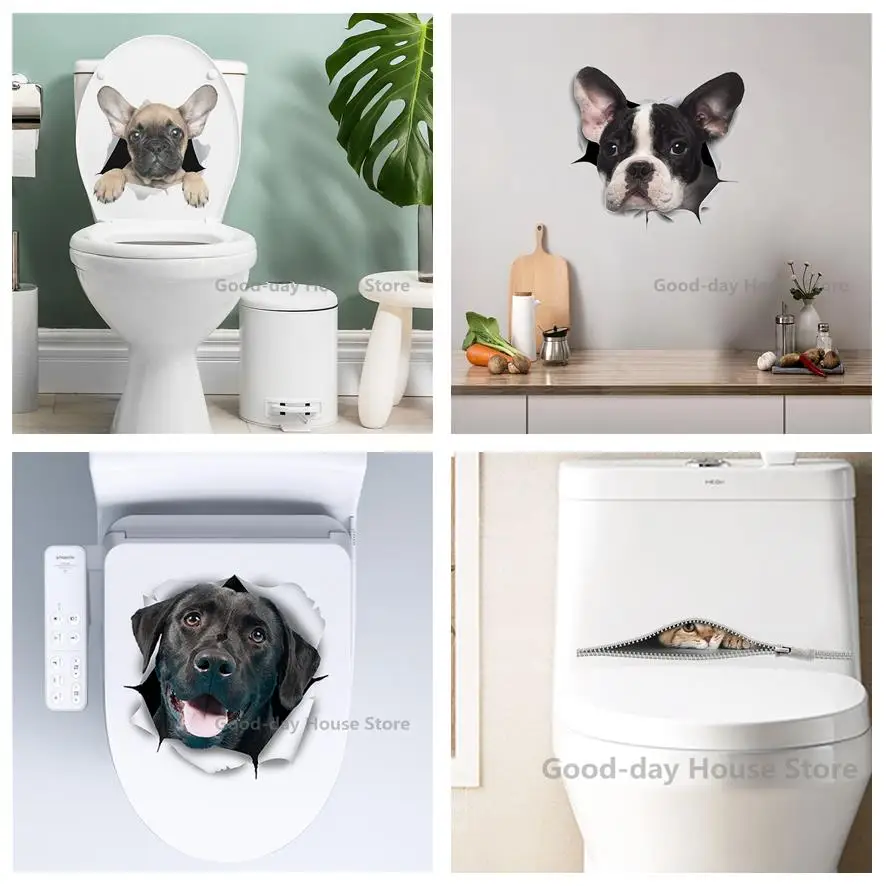 

Dog Cat 3D Smashed Switch Wall Sticker Bathroom Fridge Toilet Kitchen Decoration Decals Funny Animals Decor Poster PVC Mural