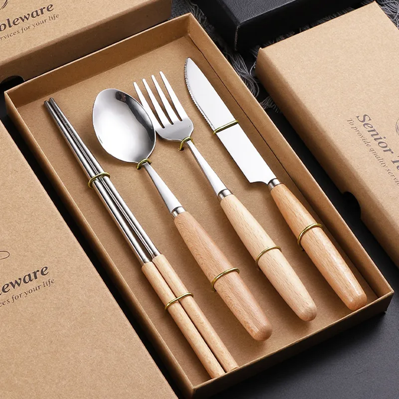

New Stainless Steel Wooden Handle Tableware Set Household Spoon Chopsticks Knife Fork Gift Set