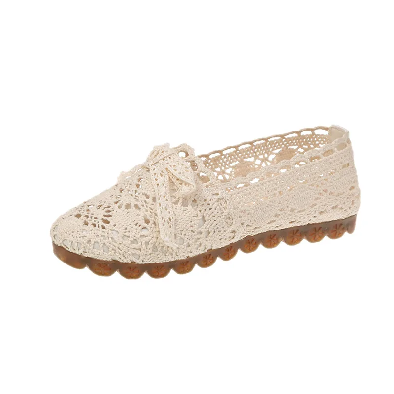 

2021 New Summer Flat Hollowed Lace Mesh Bow Casual Women's Shoes Fisherman Shoes Hole Shoes