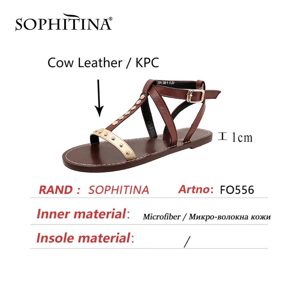 

SOPHITINA Flat Concise Stylish Metal Decoration Women Shoes Sandals Summer Soft Dressing Round Toe Genuine Leather T-Strap FO556