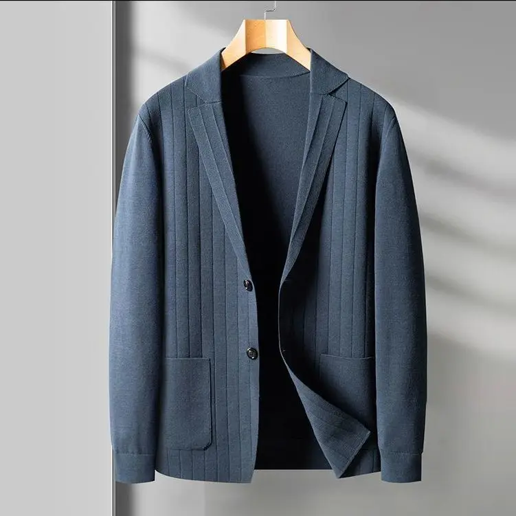 

Dress collar knitted cardigan men's 2021 spring new casual solid color stripe jacquard fashion sweater coat men's sweater