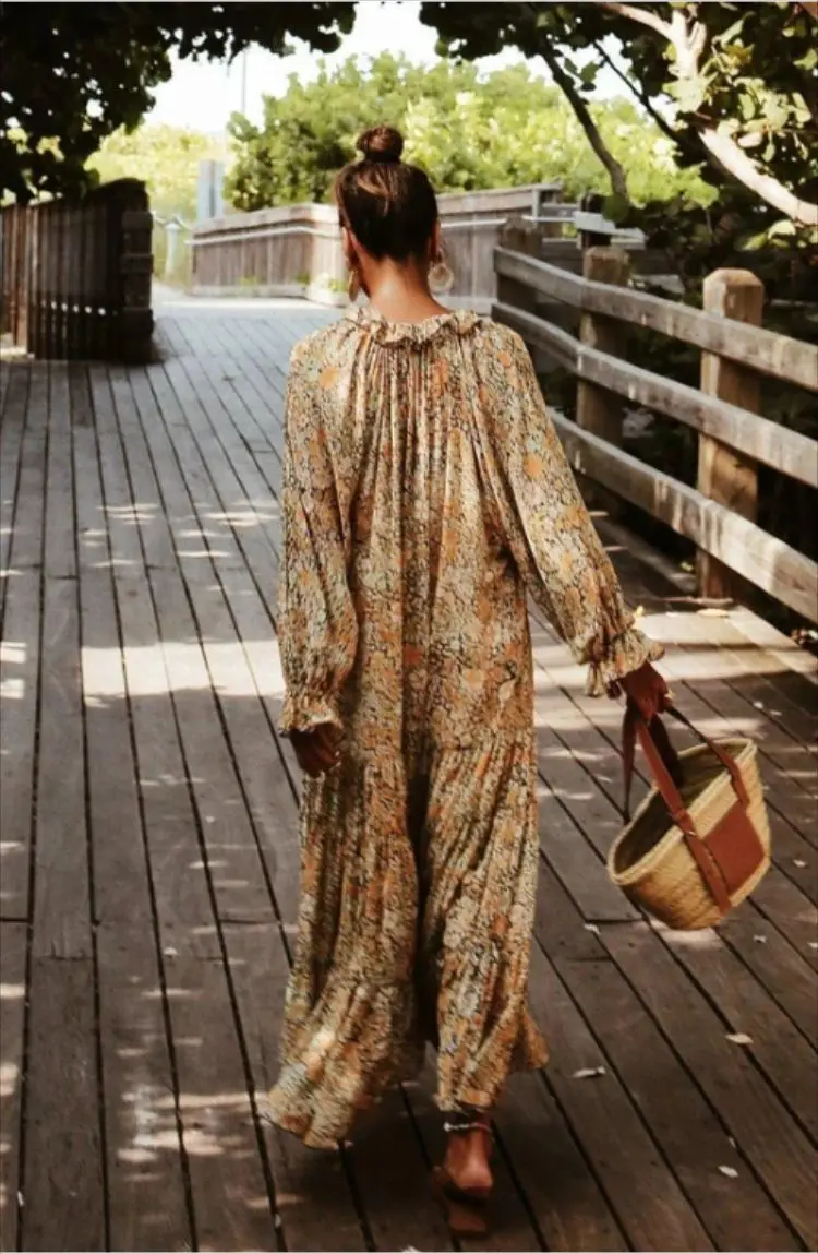 

Maxi Dresses for Women Autumn Floral Ruffles V Neck Long Boho Casual Loose Lady Beach Plus Size 3XL Femme Robe Vestidos