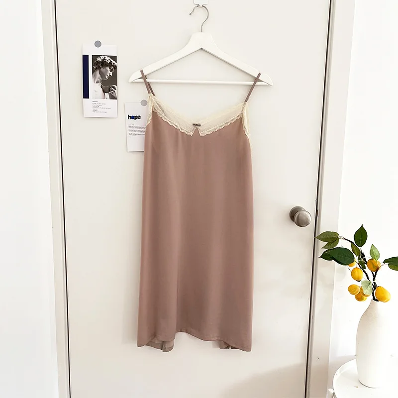 

Nightdress V-neck Lace Summer Simple Thin Pajamas Sexy Ladies Homewear Wedding Pyjamas Solid Color Pink Sleeveless Nightgown